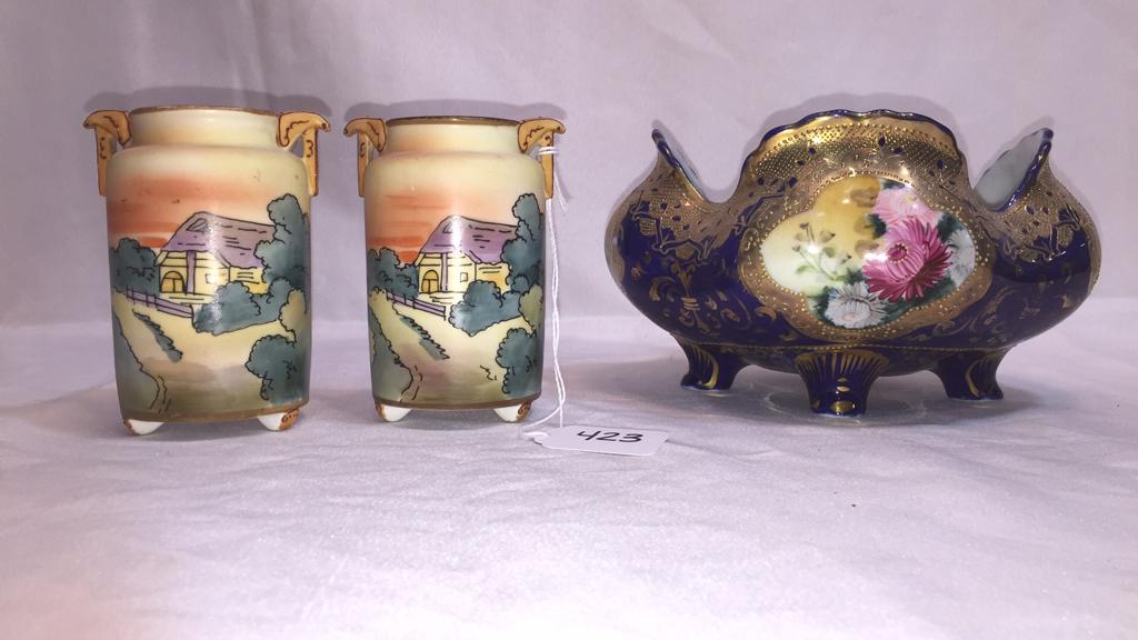 PAIR NIPPON VASES & BLUE & GOLD CENTERBOWL: PAIR NIPPON VASES & BLUE & GOLD CENTERBOWL