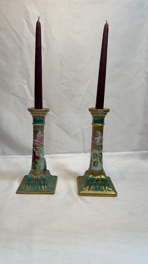 PAIR NIPPON GOLD & GREEN CANDLESTICKS: PAIR NIPPON GOLD & GREEN CANDLESTICKS