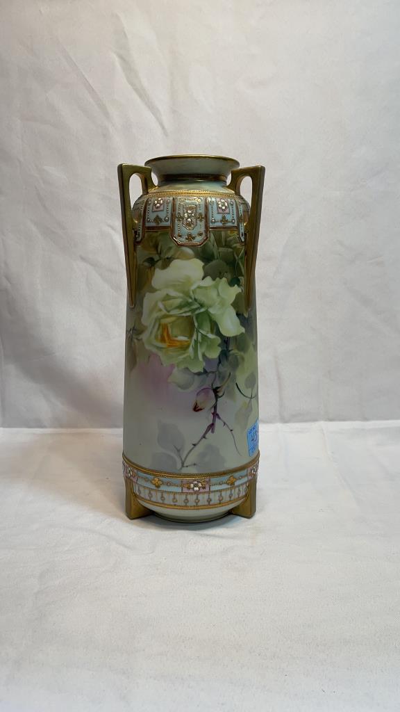 LARGE HAND PAINTED NIPPON VASE - 3 HANDLED: LARGE HAND PAINTED NIPPON VASE - 3 HANDLED14"
