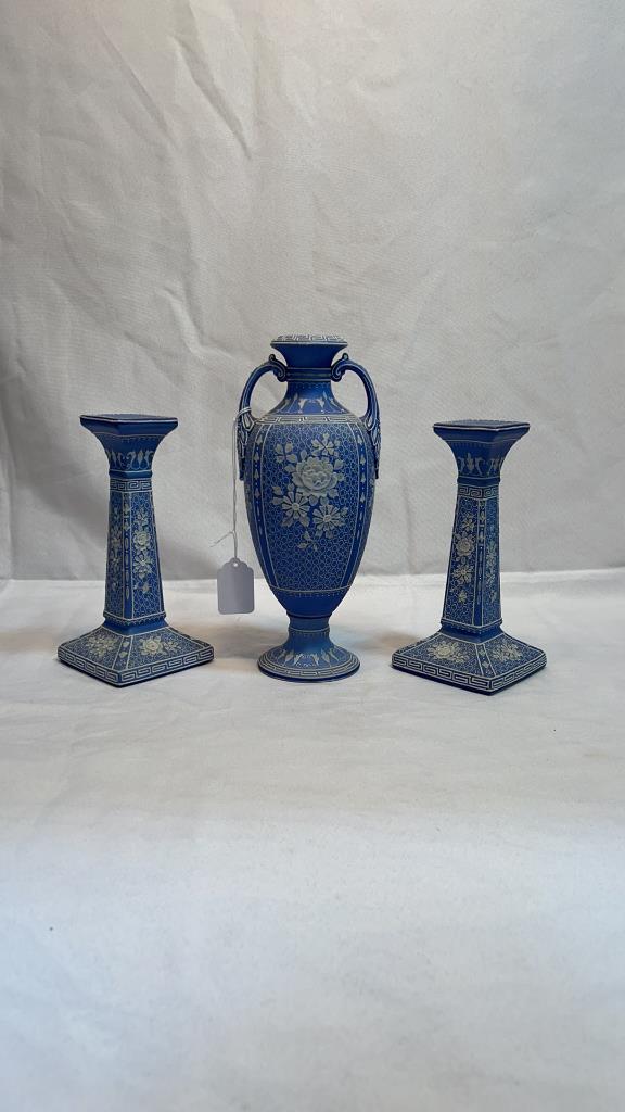 3 PCS BLUE & WHITE NIPPON VASE & CANDLESTICKS: 3 PCS BLUE & WHITE NIPPON VASE & CANDLESTICKS