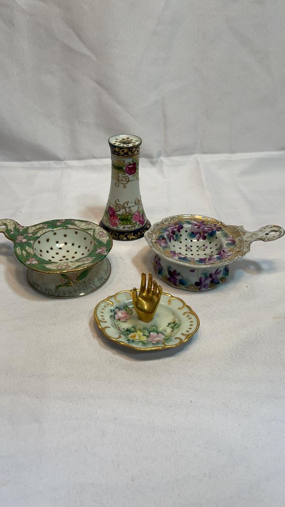 4 NIPPON PCS: 2 TEA STRAINERS, RING STAND, HAT: PIN HOLDER