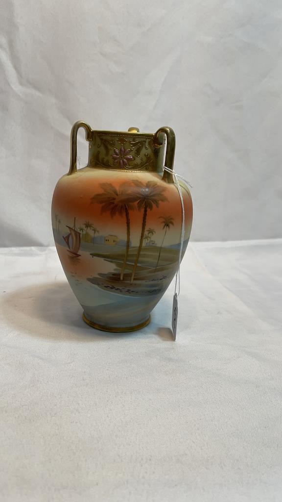 HAND PAINTED NIPPON VASE W/OASIS SCENE: HAND PAINTED NIPPON VASE W/OASIS SCENE