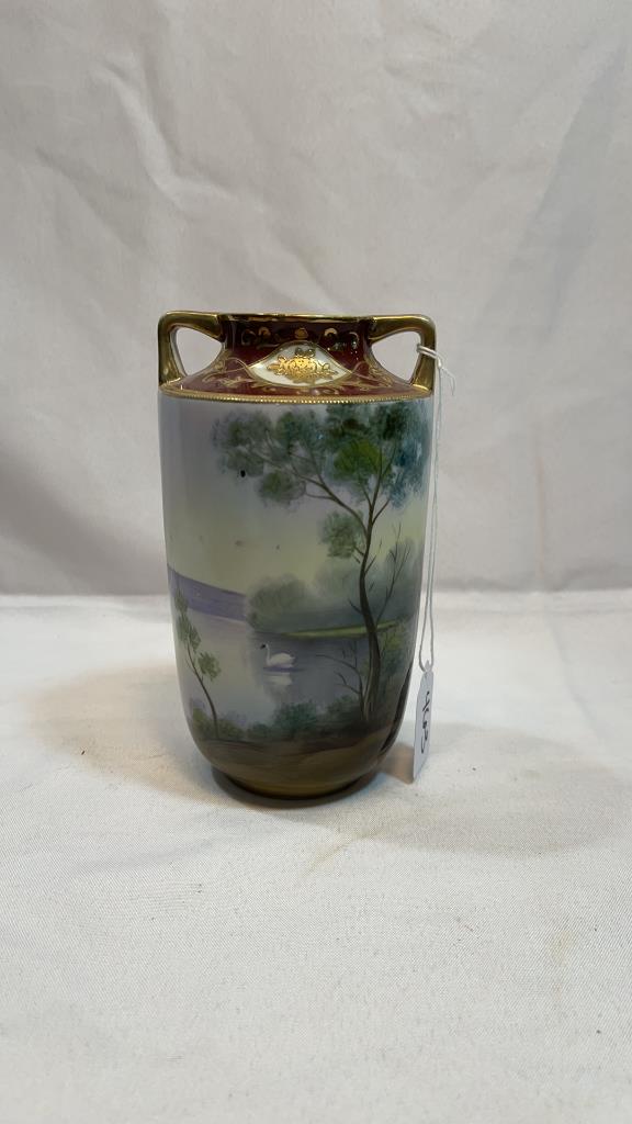 NIPPON VASE W/LAKE SCENE & SWAN: NIPPON VASE W/LAKE SCENE & SWAN