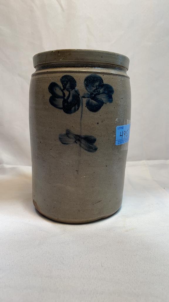 1 GALLON BLUE DECORATED PETER HERMANN CROCK: 1 GALLON BLUE DECORATED PETER HERMANN CROCK
