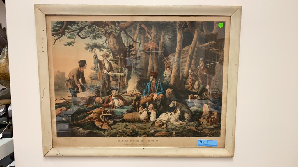 HAND COLORED CURRIER & IVES "CAMPING OUT": 32" X 25" TALL
