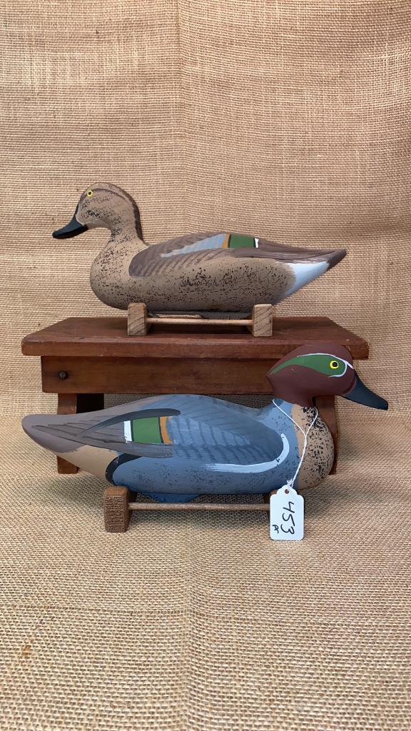 PAIR HARRY JOBES FULL SIZE GREEN-WING TEAL DECOYS: ORIGINAL PAINT