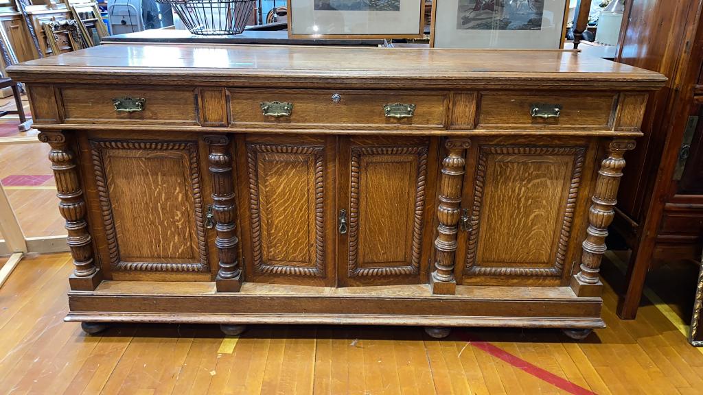 LARGE OAK SIDEBOARD W/CARVED COLUMNS & ROPED EDGE (1 of 6)