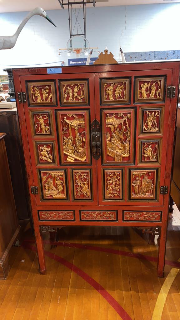 ORIENTAL CARVED 2 DOOR CABINET (1 of 6)