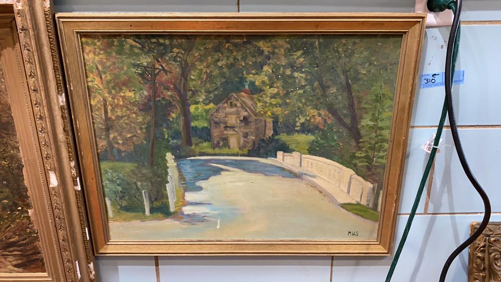 MILDRED W STULL OIL ON BOARD OF BRIDGE SCENE: ARTIST MILDRED W.STULL (1916-1998) - BOARD IS 24" WIDE X 18" TALL