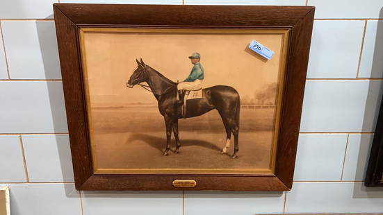 CHO-SEN RACE HORSE PRINT IN OAK FRAME: PRINCE GALAHAD - CHAUCER'S CHOICE - J. DINES - WINNER CHESTER CUP 1936