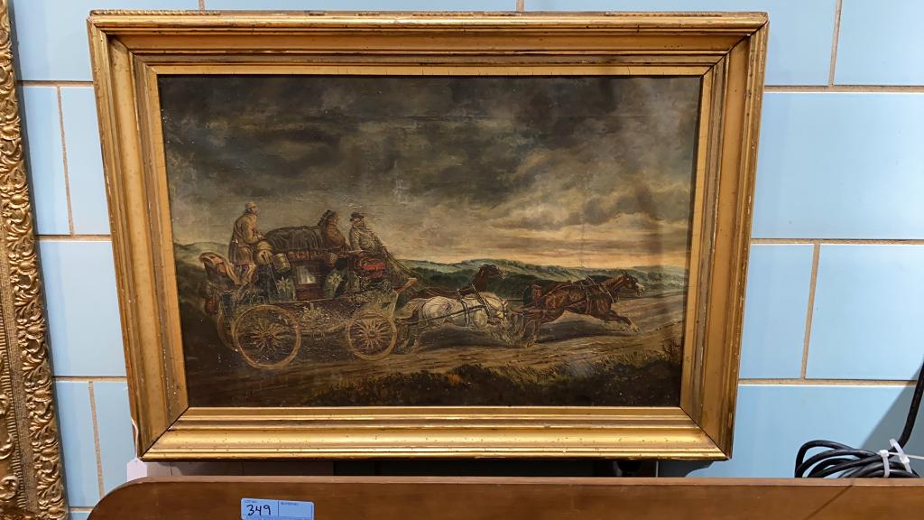 OIL PAINTING ON CANVAS OF STAGE COACH: 28" X 18.5"