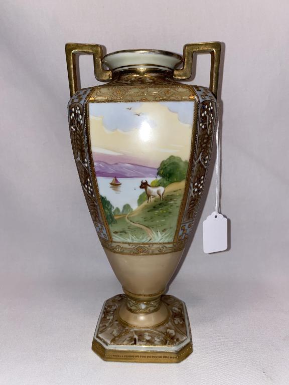 HAND PAINTED NIPPON VASE W. SAILINBG SHIP & COW: ~