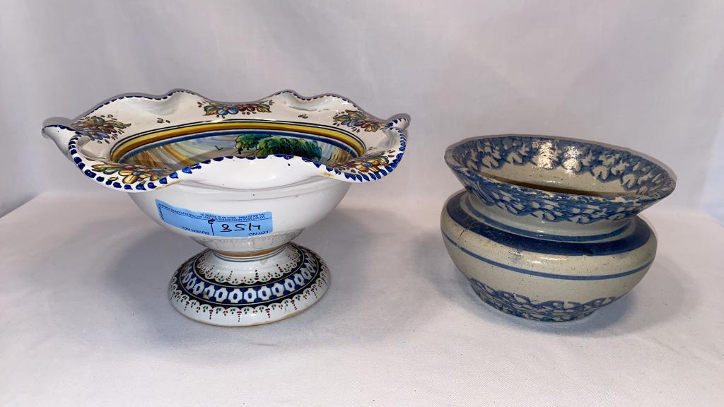 ITALIAN COMPOTE/ SPONGEWARE SPITTOON: DEER DECORATED ITALIAN COMPOTE (6 1/2 TALL- 12" DIAMETER) & SPONGE WARE SPITTOON