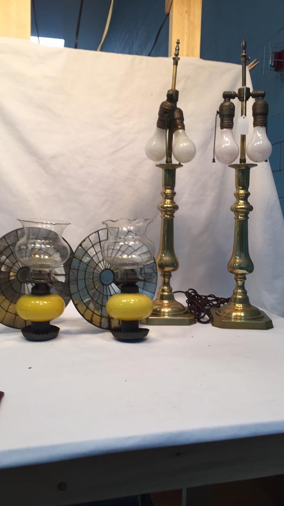 PR ANTIQUE MIRROR BACK BRACKET LAMPS & BRASS LAMPS: 1 YELLOW LAMP IS CRACKED - SEE PHOTOS