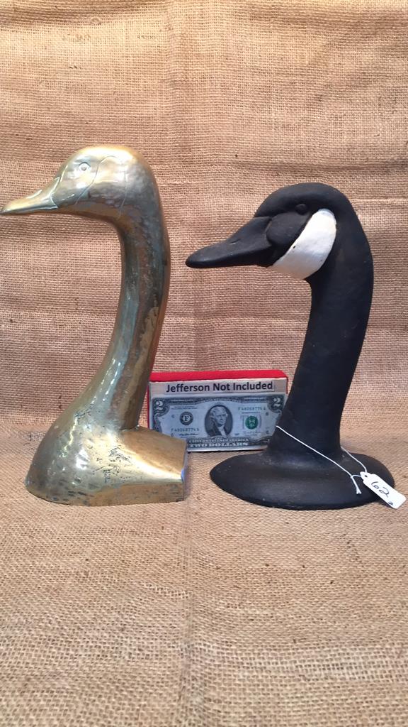 2 GOOSE DOOR STOPS - CAST IRON MARKED RICHARD F.H.: ~