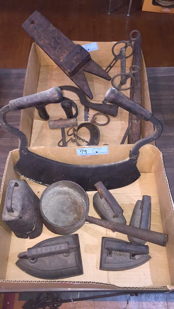 2 BOXES OLD TOOLS, COW BELL, HOOKS ETC (1 of 10)