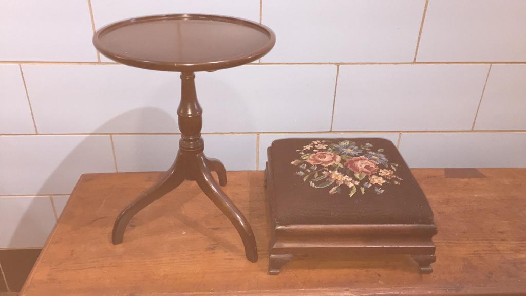 SMALL NEEDLEPOINT FOOTSTOOL & SMALL WOODEN STAND (1 of 8)