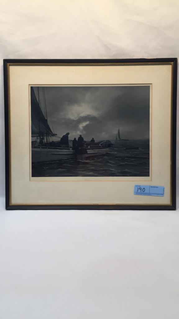 ORIGINAL SIGNED A. AUBREY BODINE PHOTOGRAPH - SEE: HAND WRITTEN ON THE BACK, " Raining & hailing like a son of a bitch, did I get wet. The pit marks in the water are from the rain & hail. I sailed out of Oxford MD and made this shot in the Choptank Ri
