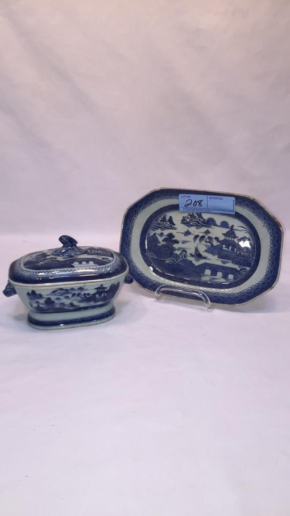 SM ANTIQUE CANTON BOAR'S HEAD TUREEN w/UNDERPLATE: CRACK IN TUREEN (7") ~ SEE PHOTOS