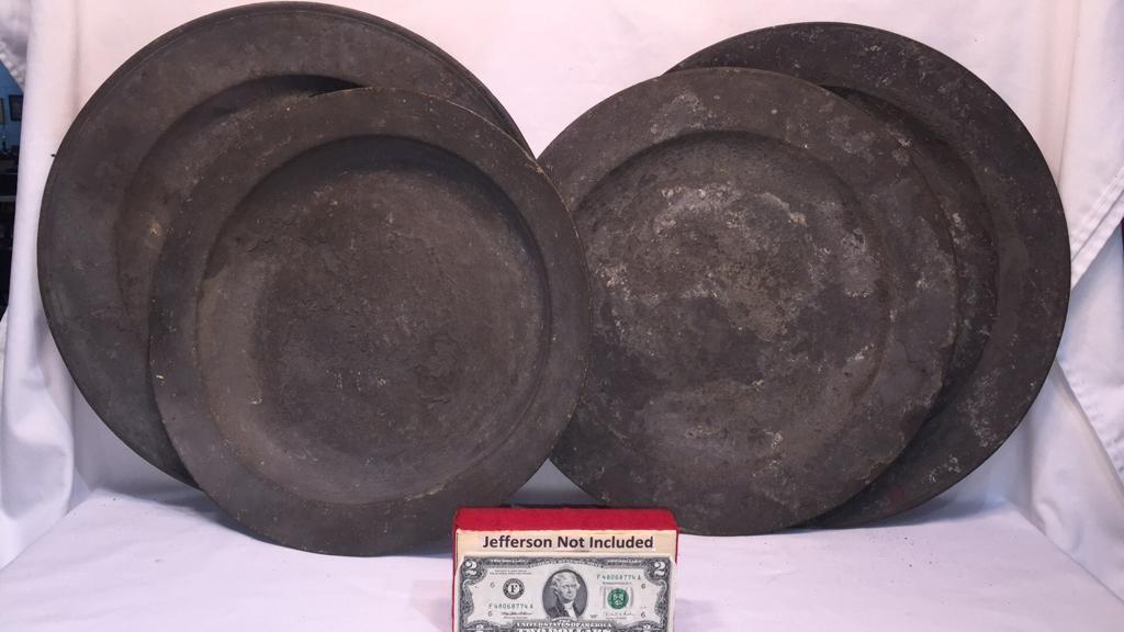 4 LG ROUND PEWTER PLATTERS / CHARGERS (1 of 4)
