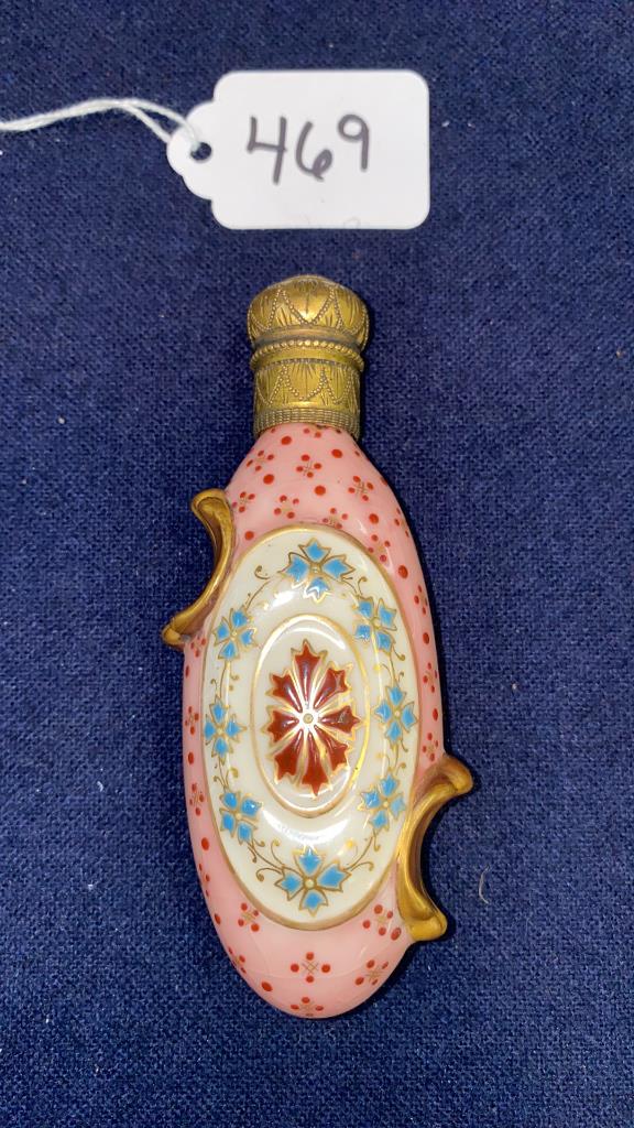 ANTIQUE HAND PAINTED BOTTLE w/ BRONZE TOP (1 of 6)