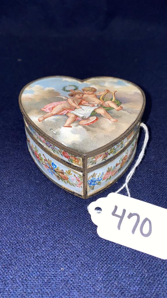 ANTIQUE HAND PAINTED ENAMEL HEART BOX (1 of 13)
