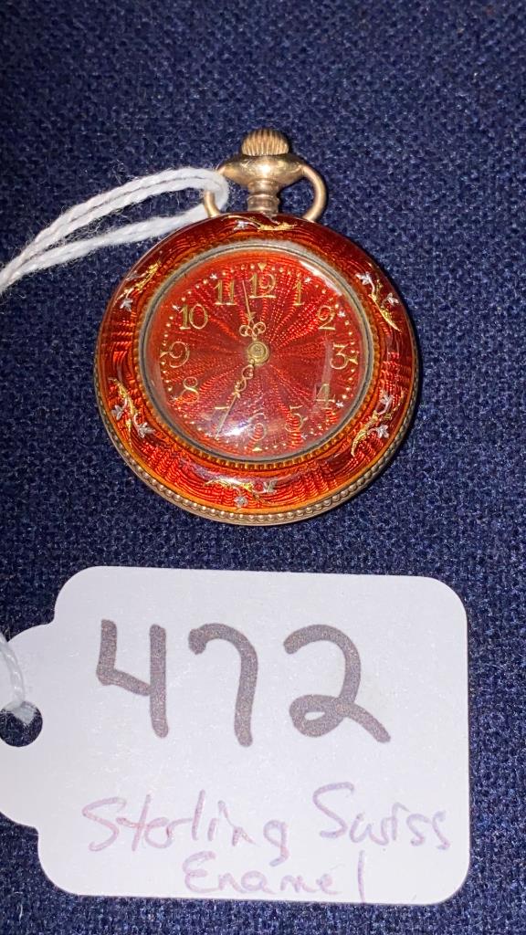 STERLING SWISS ENAMELED POCKET WATCH (1 of 5)