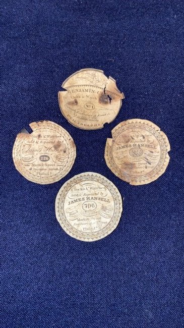 JAMES HANSELL & BENJAMIN CLARK POCKET WATCH ADVERTISING: 4 EARLY PHILADELPHIA POCKET WATCH ADVERTISING PAPERS - SEE PHOTOS FOR CONDITION