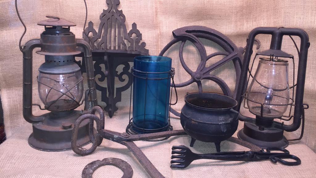 LANTERNS, IRON PULLEY, ICE TONGS, TOOLS ETC (1 of 17)