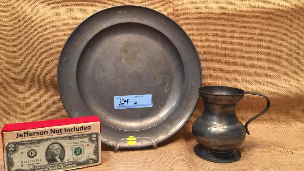 ANTIQUE PEWTER CHARGER 12" & STEIN (1 of 7)