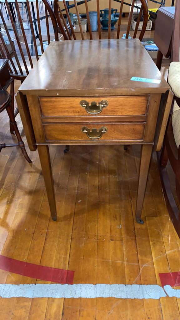 HENKEL HARRIS 2 DRAWER STAND W/ DROP LEAVES: DROP LEAVES 8.5" - 18" X 25" X 26" TALL