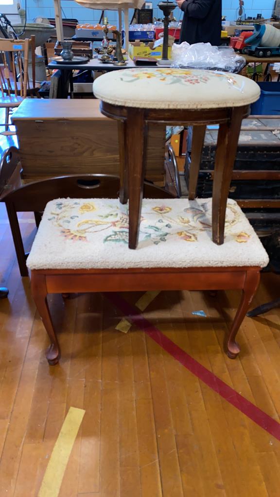 NEEDLEPOINT PIANO BENCH W/ STORAGE & STOOL (1 of 5)