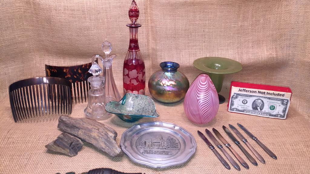 TORTOISE SHELL COMBS, SIGNED ART GLASS: 2 BOX LOTS