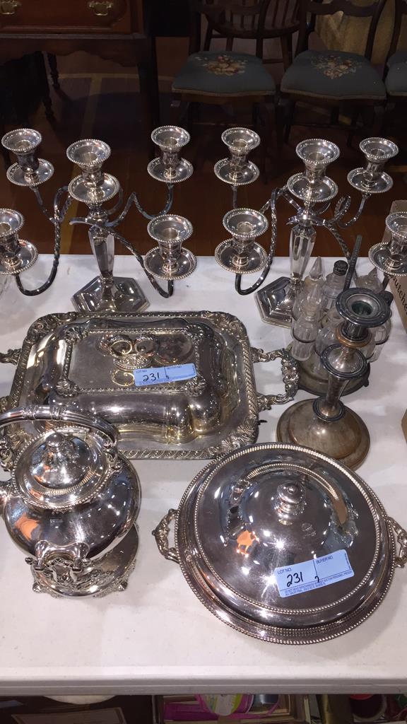 SILVER PLATE CANDLESTICKS, CRUET SET, SERVING PCS (1 of 10)