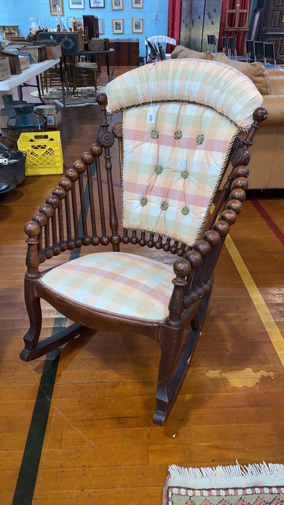 OAK STICK & BALL ROCKER W/ UPHOLSTERY: ~