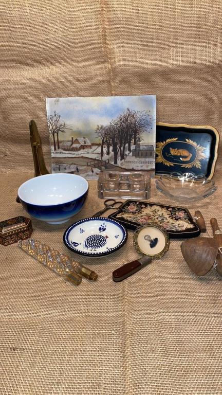 BRASS WALL MIRROR SCONCE, BLUE GLASS LAMP ETC (1 of 10)