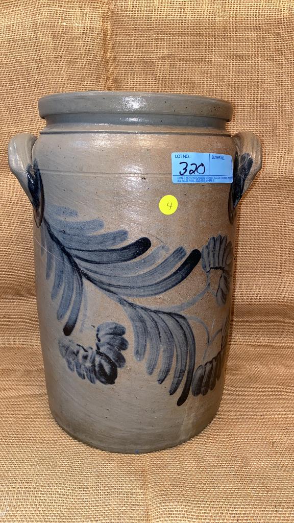 4 GALLON BLUE DECORATED STONEWARE CROCK: THE CROCK IS CRACKED ~ PLEASE SEE PHOTOS