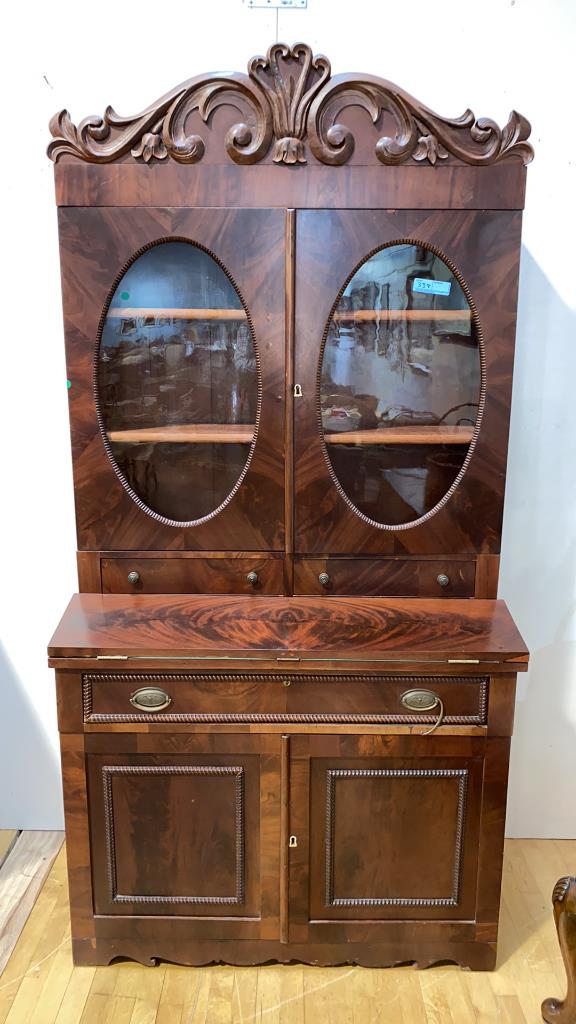 ANTIQUE MAHOGANY 2 PC SECRETARY DESK W/CARVED TOP: ~