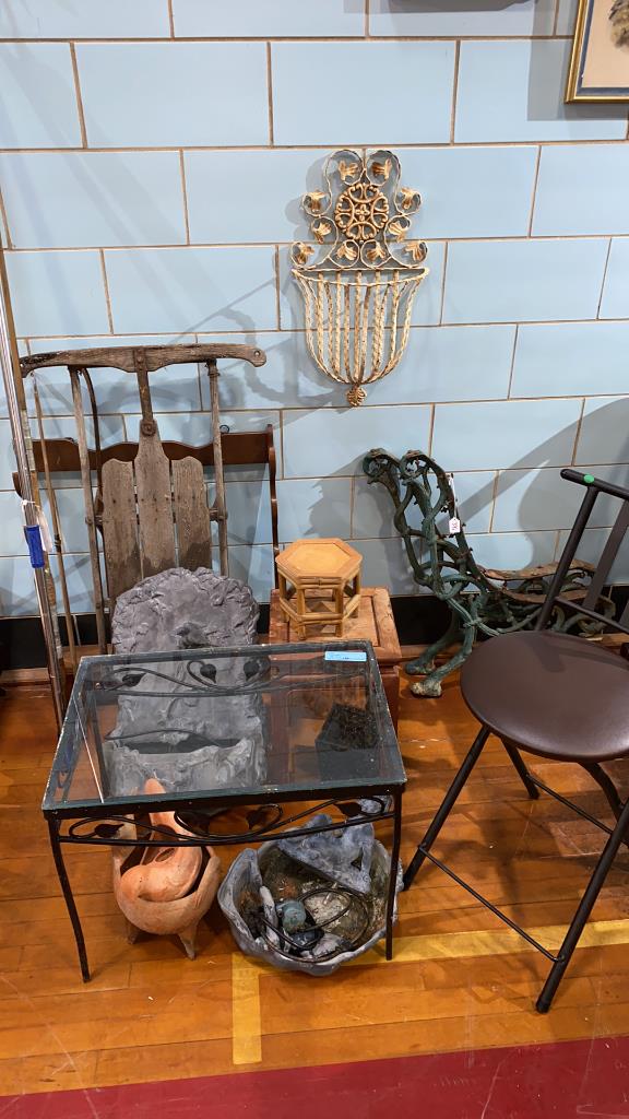 LG HOUSEHOLD LOT/ GAFF,IRON TABLE, SLED, BASKET (1 of 6)