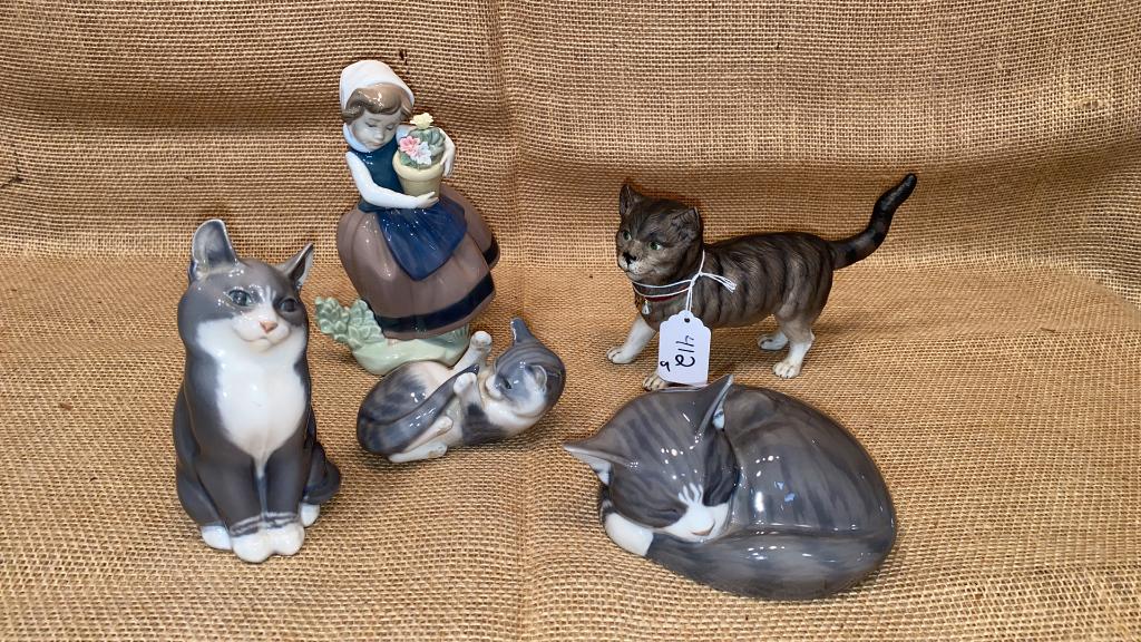 5 PORCELAIN FIGURES, LLADRO GIRL/COPPENHAGEN CATS (1 of 9)