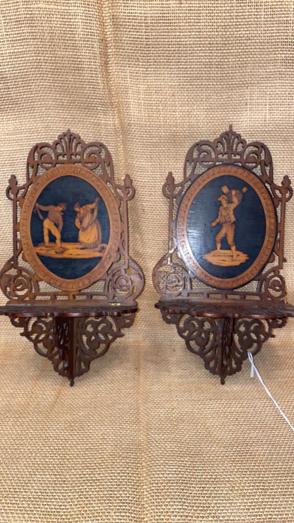 PAIR INLAID MAHOGANY WALL SHELVES: 12" TALL EACH