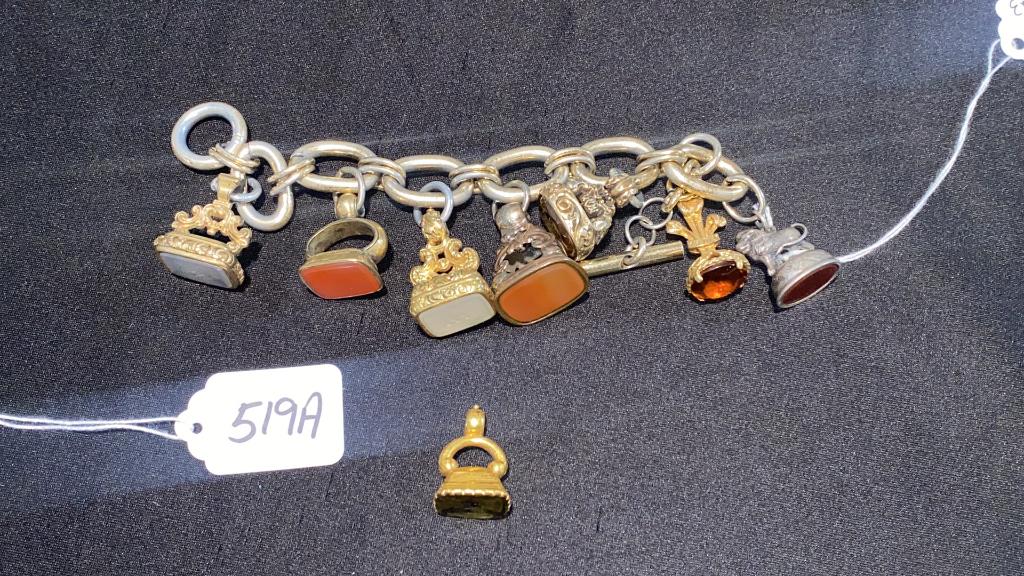 BRACELET W/ FOBS & 1 SEPERATE FOB: ONE MARKED ENGLISH SILVER