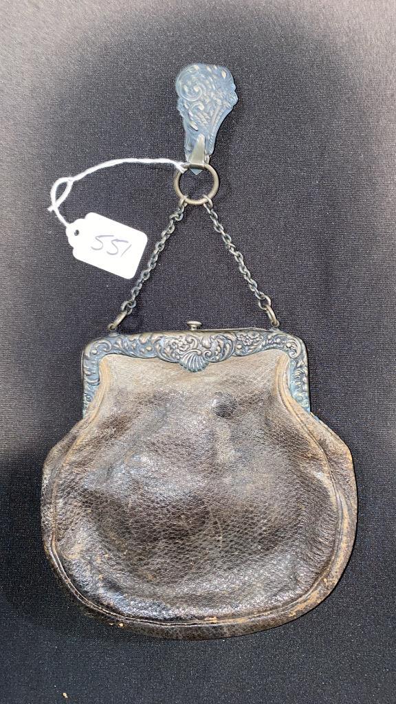 GORHAM STERLING & LEATHER PURSE & CLIP: ~