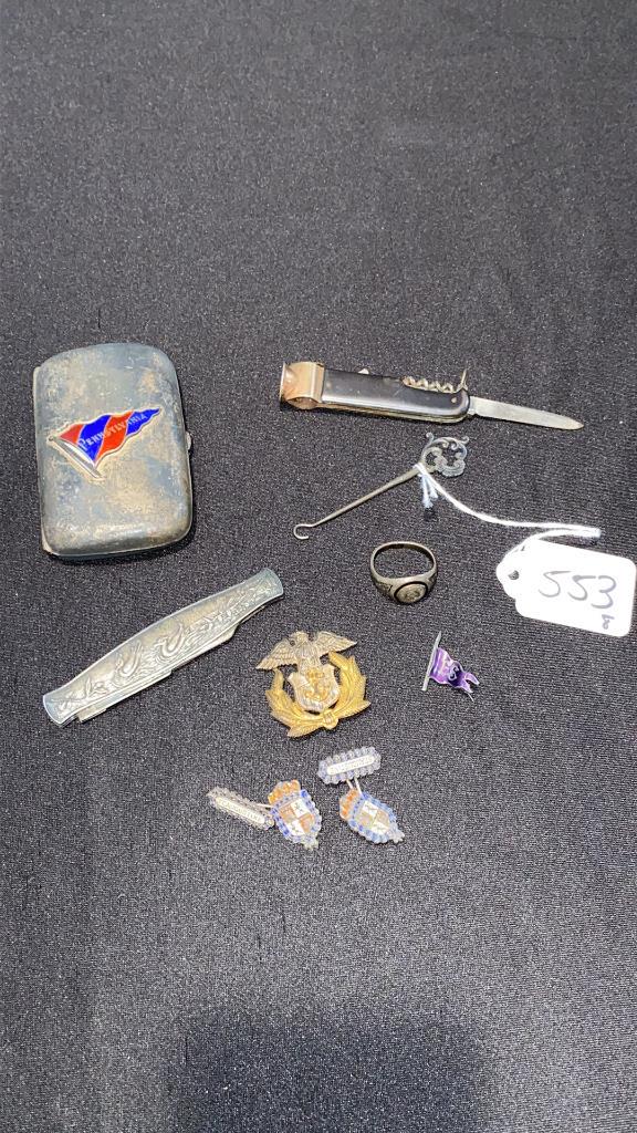 STERLING PEN KNIFE, CIGARETTE CASE, PINS, ETC (1 of 10)