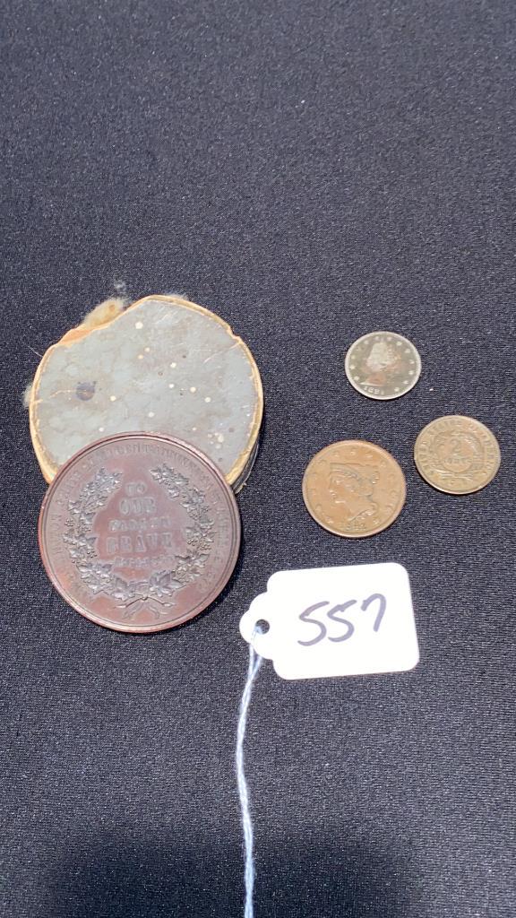 BRONZE MEDALLION & 3 EARLY COINS (1 of 17)