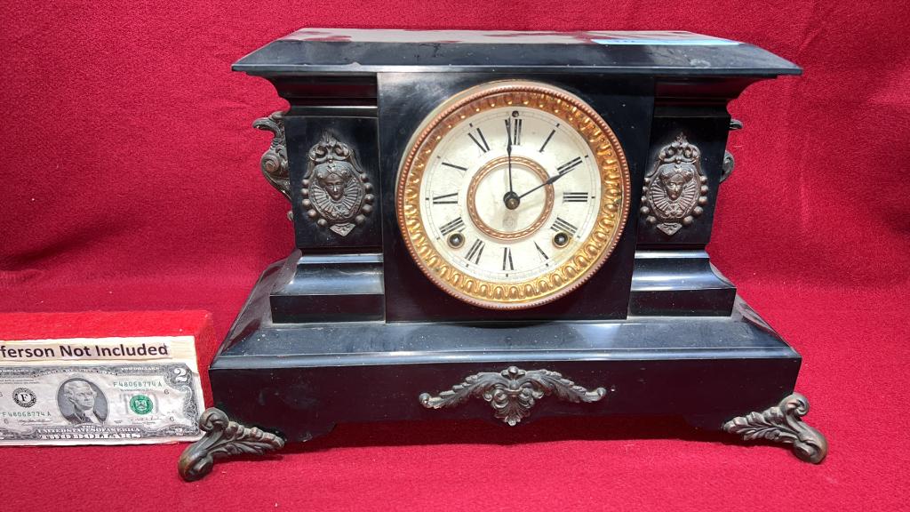 BLACK METAL MANTEL CLOCK: ~