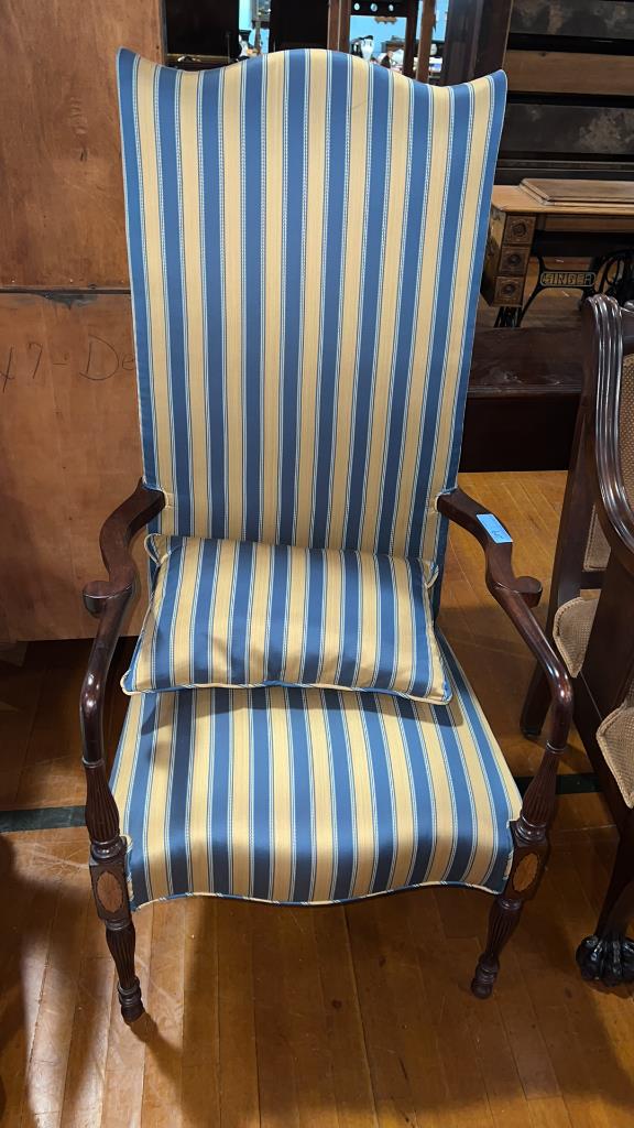 HEPPLEWHITE LORDSHIP STYLE CHAIR: BACK OF CHAIR IS 51" TALL . SEAT IS 24.5" WIDE .