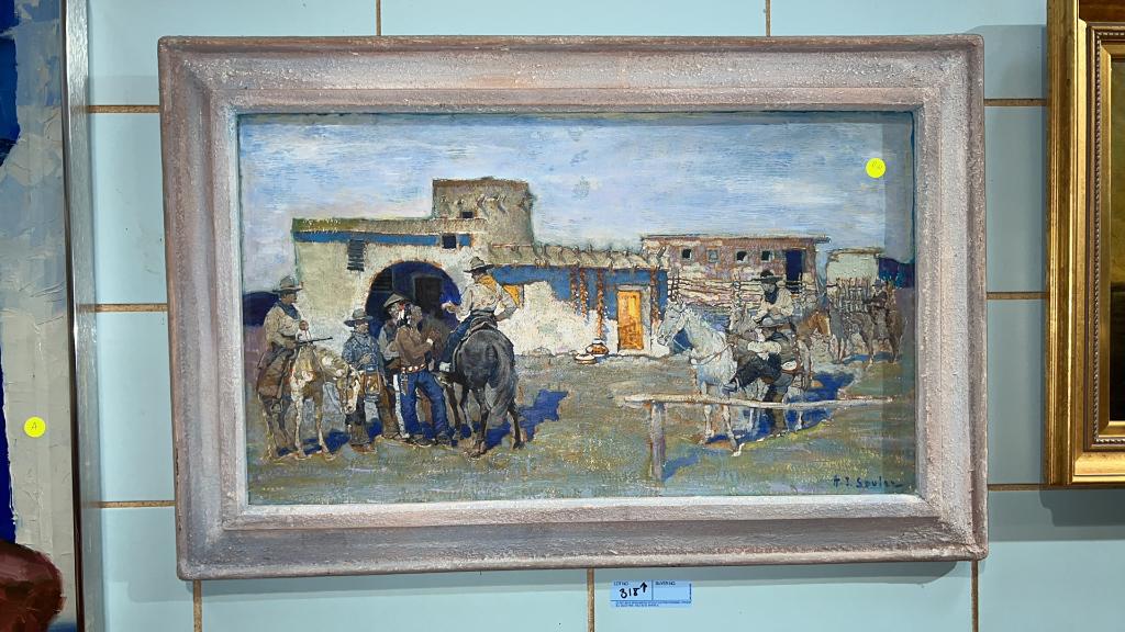 H.J. SOULEN WESTERN OIL PAINTING ON HARD BOARD (1 of 3)