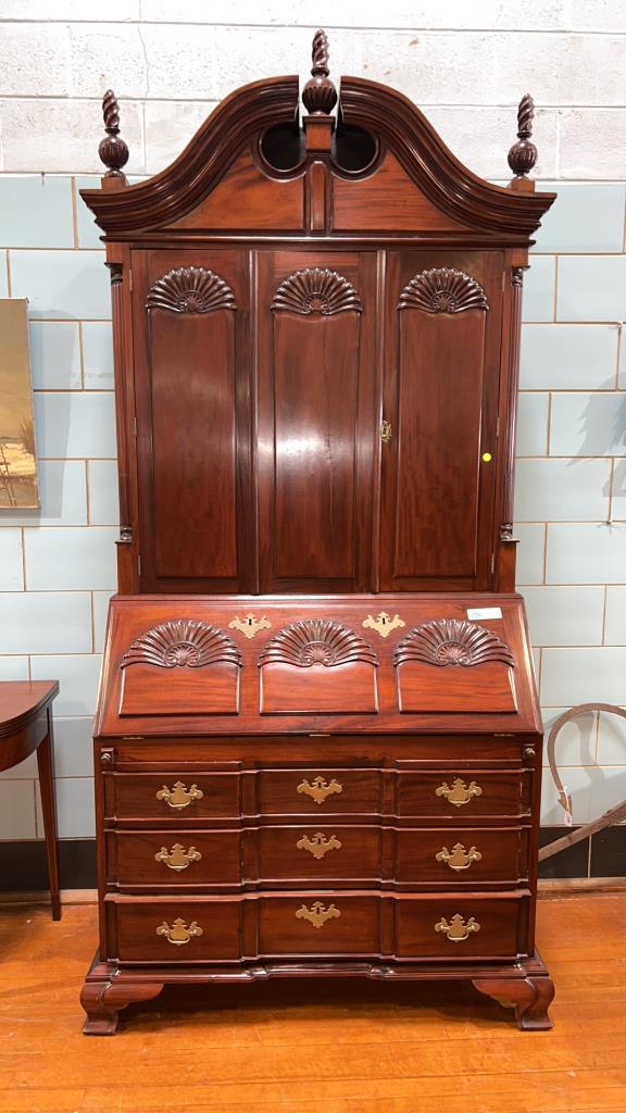 3 PC MAHOGANY SECRETARY DESK: NOT SIGNED BY MAKER. APPROX. 35-40 YEARS OLD.