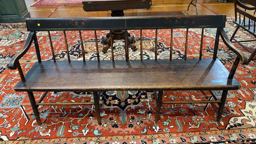 EARLY ANTIQUE PAINT DECORATED DEACON'S BENCH (1 of 6)